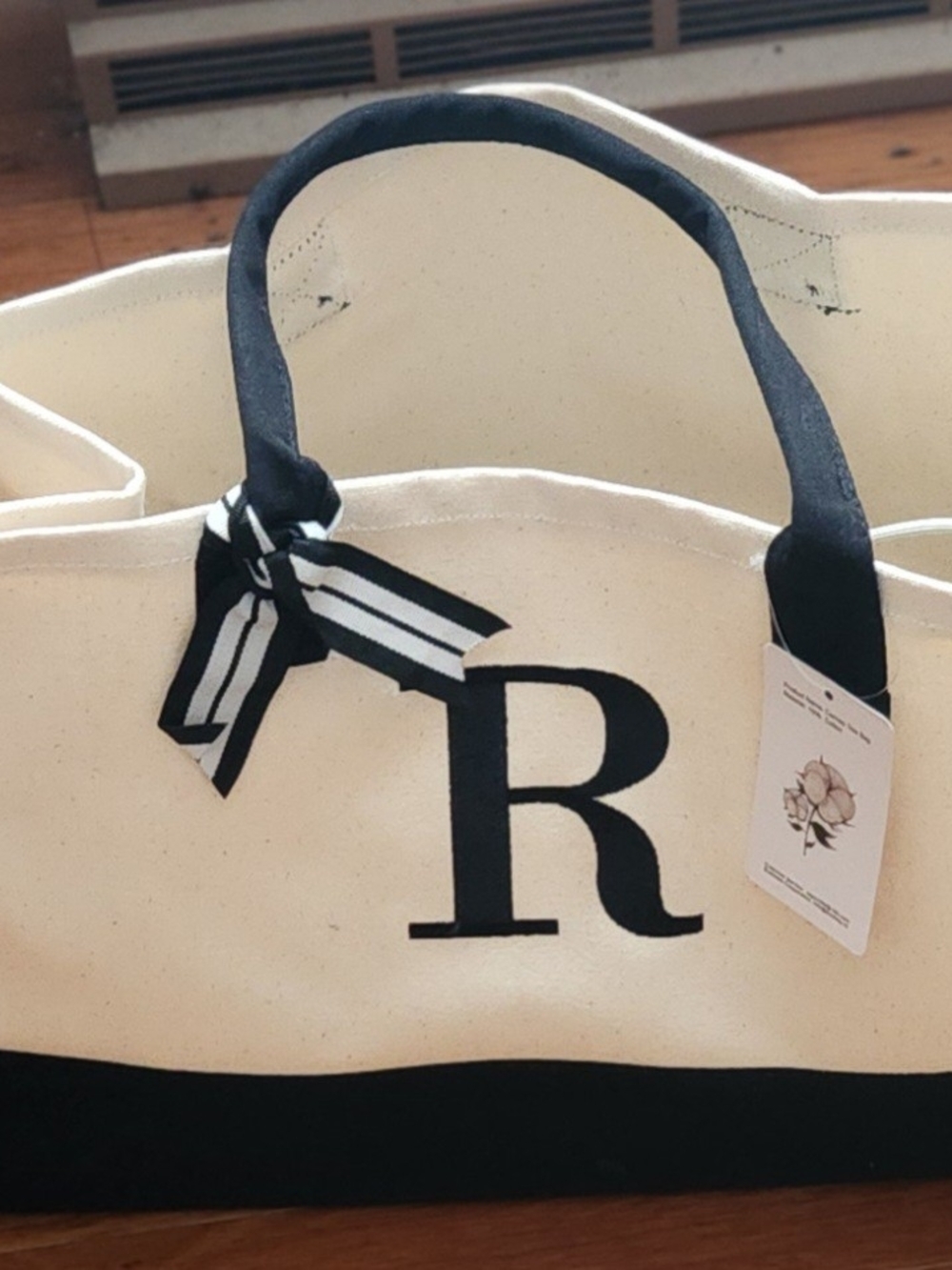 Stylish Canvas Tote Bag with Black Initial R - Cream and Black